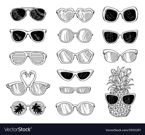 Eye Glasses Drawing, Drawing Sunglasses, Sunglasses Drawing, Drawing Y2k, Glasses Drawing, Cartoon Glasses, Black And White Tropical, Shading Drawing, Glass Fashion