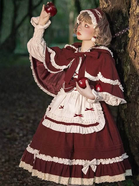 Harajuku Fashion Aesthetic, Coquette Dresses, Little Red Riding Hood Costume, Riding Hood Costume, Valentines Idea, Red Riding Hood Costume, Picnic Dress, Trendy Fall Outfits, Sweet Lolita