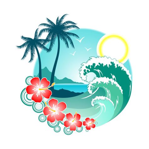 Surf Stickers, Surf Art, Hawaiian Islands, Tropical Islands, Beach Art, Round Stickers, Palm Trees, Hibiscus, Ramen