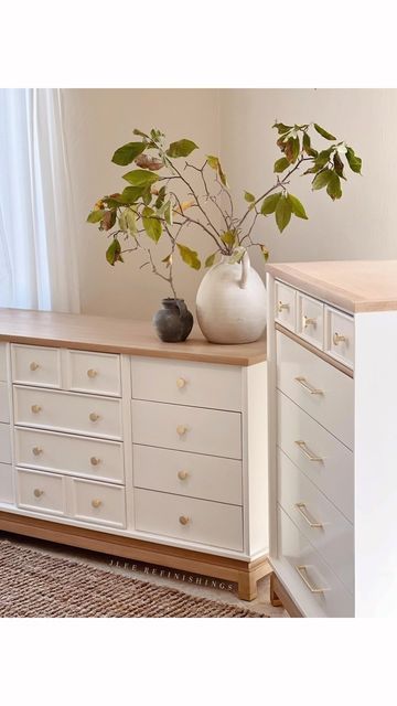 Beige Dresser Wood Top, Wood And White Nursery Furniture, White And Wood Dressers, White Bedroom Furniture With Gold Hardware, Light Brown Wood Furniture, White And Natural Wood Furniture, White Furniture With Wood Top, White And Wood Bedroom Furniture, Cream Dresser With Wood Top