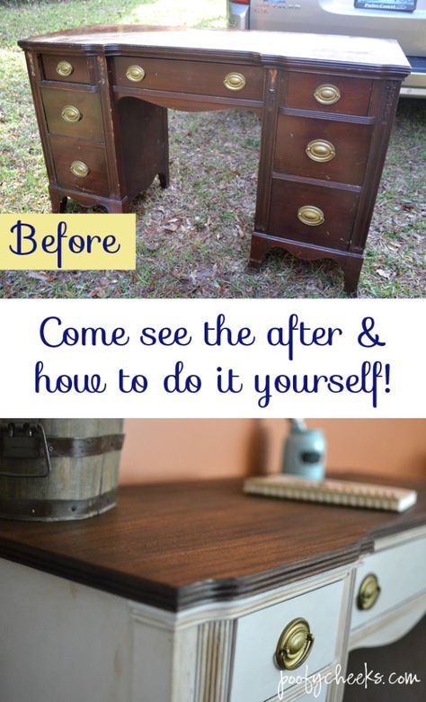 Two Toned Chalk Paint Vintage Desk Redo - Poofy Cheeks Chalk Paint Desk, Paint Desk, Desk Redo, Painted Desk, Chalk Paint Projects, Desk Makeover, Chalk Paint Furniture, Diy Desk, Refurbished Furniture