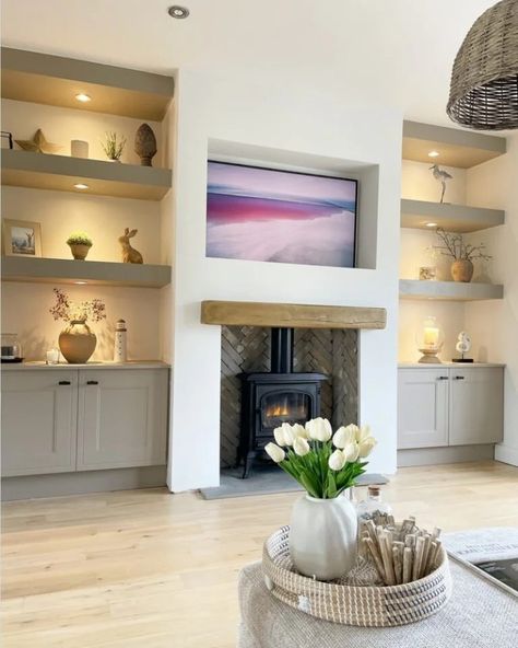 Wood Burner And Tv Wall, Wood Burner On Flat Wall, Log Burner Extension, Log Burners Ideas, Tv Stove Wall, Log Burner Fireplace Ideas Living Rooms, Living Room Media Wall With Fire, Tv Wall With Log Burner, Log Burner In Media Wall