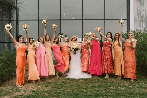 Sunset Bridal Party Colors, Summer Orange Bridesmaid Dresses, Sunset Pink Bridesmaid Dresses, Mismatch Orange Bridesmaids, Pink And Orange Bridesmaid Dress, Spring Pink Bridesmaid Dresses, Pink Orange Green Bridesmaid Dresses, Pink Orange Red Bridesmaids, Sunset Bridesmaids Dresses