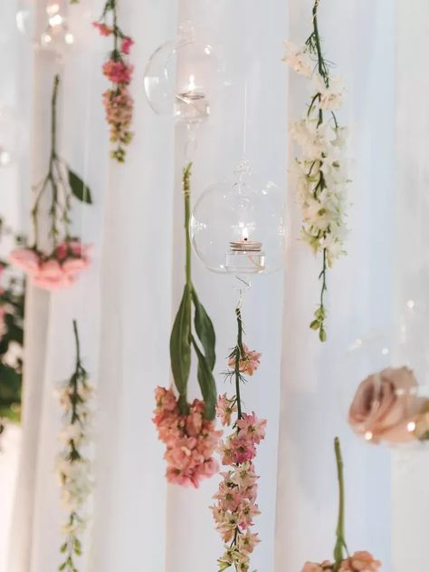 Hanging Faux Flowers From Ceiling, Flowers Falling From Ceiling, Strung Flowers Backdrop, Flowers Hanging Upside Down, Hanging Floral Wedding Backdrop, Hanging Roses Decor, Diy Floral Ceiling Hanging Flowers, Flowers Hanging Over Table, Flower Decor For Birthday