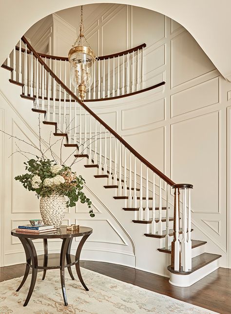 Grand Foyer Ideas Entryway, Curved Staircase Foyer, Stair Moulding, Foyer With Stairs, Transitional Entry, Traditional Foyer, Foyer Ideas Entryway, Entryway Stairs, Foyer Staircase