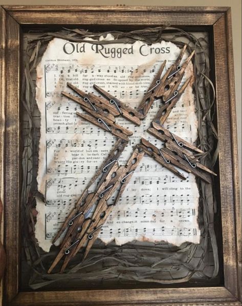 Hymnal Crafts, Clothespin Cross, Wooden Cross Crafts, Clothespin Diy Crafts, Wooden Clothespin Crafts, Clothespin Art, Sheet Music Crafts, Rugged Cross, Old Rugged Cross