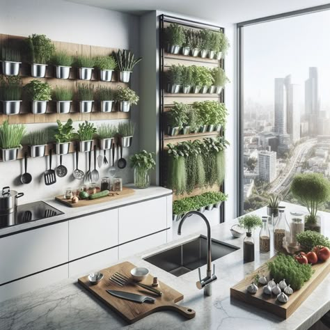 Say goodbye to cluttered countertops and hello to a sustainable, space-saving solution for fresh herbs! Our step-by-step guide will help you create an indoor herb wall garden that will elevate your living space and your cooking game. 🌿 #ecolivingjourney #indoorherbgarden #sustainableliving Vertical Garden Kitchen, Herb Wall Planter Indoor, Living Herb Wall Kitchen, Kitchen Indoor Garden, Living Wall Kitchen, Indoor Garden Small Spaces, Kitchen Wall Herb Garden, Vertical Indoor Herb Garden, Kitchen Herb Shelf