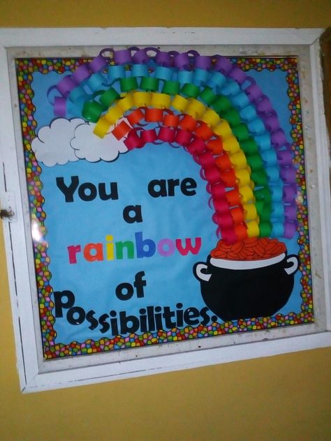 You are a rainbow of possibilities. Rainbow Of Possibilities Bulletin Board, Daycare Wall Ideas, Rainbow Bulletin Board Ideas, Blackboard Decoration, Wizard Of Oz Classroom, Classroom Rainbow, Cafeteria Bulletin Boards, Bulletin Boards For School, Soft Board Decoration