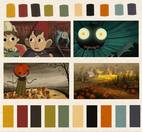 Autumn Color Palette Room, Color Palette For Animation, Color Pallets Illustration, Over The Garden Wall Palette, Animation Colour Palette, Color Pallet Character Design, Character Design Palette, Autumn Palette Color, Warm Palette Colour Schemes