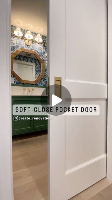 CReate Renovation & Design on Instagram: "> Space-Saving Solution Alert! < Say hello to our newly installed soft-close pocket doors in the chic powder room of our Central Park South project! 🚪💫 Not only does the pocket door add a touch of modern elegance to the powder room, but it also enhances functionality and convenience. With two way soft-close technology, these doors glide shut and opened with minimal effort, eliminating slamming noises and ensuring peace and tranquillity. If you’re looking to upgrade your home with a space-saving pocket door, contact us today for a consultation. 👷 Design | @vergarahomes GC | @create_renovation Custom Millwork | @create_renovation Pocket door mechanism | @sugatsuneamerica Thinking of renovating your NYC apartment? Get in touch with us! 📧 miguel Pocket Doors Master Bath, Pocket Door Toilet Room, Bathroom Pocket Door Ideas Modern, Laundry Room Pocket Door Ideas, Pocket Door For Bathroom, Pocket Door Laundry Room, Pocket Doors Ideas, Bathroom Pocket Door Ideas, Large Pocket Door