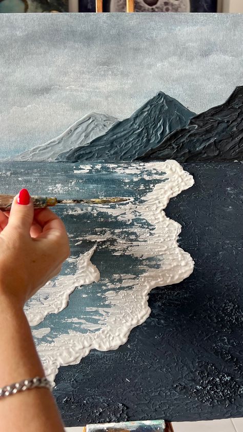 Textured Art Portrait, Sea Texture Painting, Mountains Texture Art, Texture Painting Ideas On Canvas, Sea Texture Art, Textured Mountain Painting, Painting With Texture On Canvas, Textured Landscape Painting, Texture Art Painting