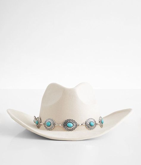 Turquoise Conch Cowboy Hat - Cream , Women's Ivory Faux suede structured hat Interior cinch tie band 3 1/2 brim One size fits most. 90% Polyester 10% Alloy. Machine wash cold. Do not bleach. Do not tumble dry. Cool iron. Do not dry clean. Apparel & Accessories > Clothing Accessories > Hats Cowboy Hat Outfit Woman, Western Hats For Women, Cowgirl Hats Western, Cowboy Hats Women, Brown Cowboy Hat, Custom Cowboy Hats, Turquoise Western, Bridal Hat, The Fame