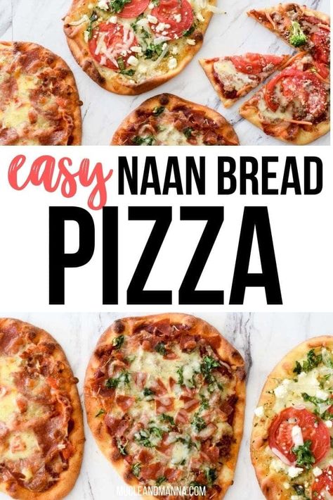 These 8 easy naan pizza recipes are perfect for easy weeknight dinners. They also work for lunch box lunches and picky kids. #Naanpizza #easydinnerrecipe #lunchboxideas Naan Bread Pizza Ideas, Nann Bread Pizza, Easy Naan, Homemade Pizza Recipe Easy, Naan Bread Pizza, Naan Pizza Recipes, Clean Dinner Recipes, Recipes With Naan Bread, Box Lunches