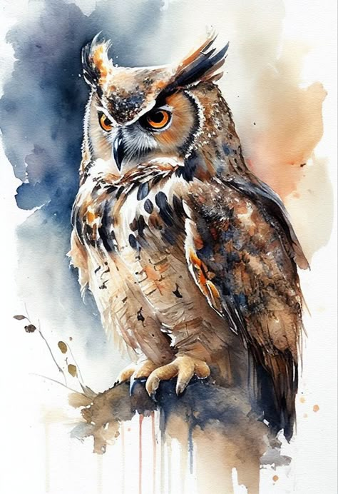 Andrew Simoson | WATERCOLOR | Horned Owl Extraordinary Artwork, Watercolor Tattoo Ideas, Watercolor Paintings Of Animals, Owl Watercolor, Animal Tattoo Ideas, Painted Birds, Owl Artwork, Bird Watercolor Paintings, Owl Pictures