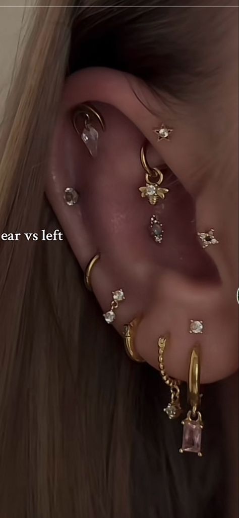 Ear Piercings Right Ear, Getting A Piercing Aesthetic, Ear Piercing Stacks Gold, Ear Piercing Ideas Aesthetic Gold, Ear Piercing Mapping Ideas, Piercing Map Ear, Ear Piercings Inspo Baddie, 4 Ear Piercings In A Row, Ear Piercings Placement Ideas