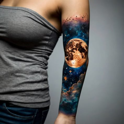 Explore the enchanting world of moon and stars tattoos on this Pinterest board! Discover a variety of designs from delicate crescent moons adorned with twinkling stars to bold celestial bodies. Perfect for those who love night-themed ink or seek a tattoo that symbolizes mystery, dreams, and the beauty of the night sky. Pin your favorites and get inspired for your next piece of body art! Milky Way Galaxy Tattoo, Tattoo Night Sky, Night Sky Tattoo Sleeve, Night Sky Tattoo, Night Sky Tattoos, Celestial Tattoos, Moon And Stars Tattoo, Sky Tattoo, Cosmic Tattoo