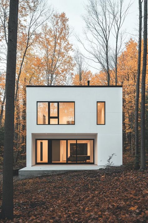 Modern minimalist white geometric house by the woods. Check out these sleek white modern house designs that blend style with simplicity to inspire your next dream home. Box Shape House Design, Minimalistic Home Exterior, Geometric House Design, Compound Floor Design, House Design Minimalist Exterior, Small Modern Home Exterior, Modern House Simple, House Inspiration Exterior, Nice House Exterior