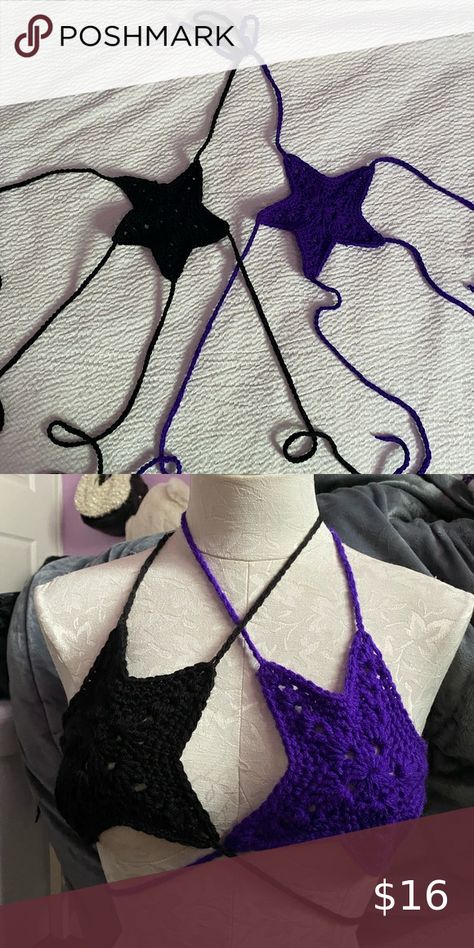 BLACK & PURPLE CROCHET STAR BIKINI Crochet Star Shirt, Crochet Star Top, Crochet Bottoms, Crochet Star, Purple Crochet, Crochet Stars, Fun Crochet, Crochet Inspo, Fun Crochet Projects