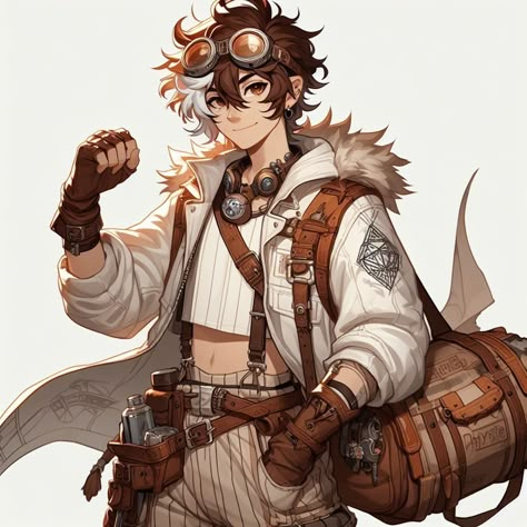 Artificer Outfit Male, Tinkerer Character Design, Dnd Archeologist, Artificer Dnd Art, Steampunk Oc Male, Adventurer Concept Art, Artificer Dnd Male, Dnd Outfits Inspiration Male, Dnd Artificer Art