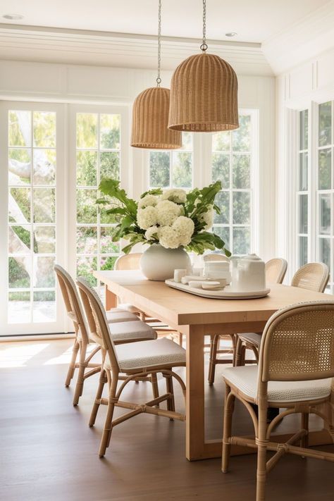 Aesthetic Small Dining Room, Large Dining Room Decor, Pretty Dining Rooms, White Wood Dining Room, California Casual Dining Room, Contemporary Dining Room Ideas, Cute Dining Room, Pretty Dining Room, Dining Table For 10