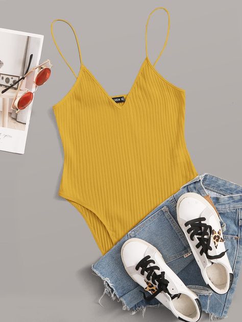 Yellow Bodysuit Outfit, Yellow Bodysuit, Summer Bodysuits, Bodysuit Outfit, Style Basics, Cami Bodysuit, Shein Tops, Edgy Outfits, Womens Bodysuit