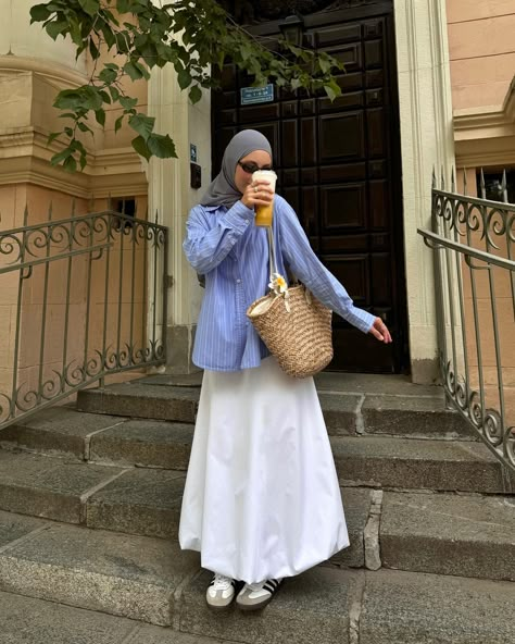 I just needed a ballon skirt!☁️🩵 summer outfit, Pinterest summer girl, maxi skirt, white skirt, blue shirt, modest fashion, hijabi, hijab tutorial, Pinterest style, aesthetic summer girl, modesty, basket bag, summer vibes White Skirt And Shirt, Hijabi White Skirt Outfits, Summer Fits For Hijabis, White Skirt Outfit Ideas Hijab, Hijab Summer Style, White Summer Skirt Outfit, Blue White Outfit Hijab, Hijabi Shirt Outfit, How To Style White Skirt