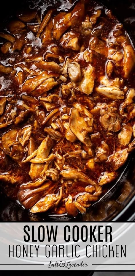 Indulge in the rich flavors of these savory slow-cooked chicken thighs, perfectly tender and infused with a mouthwatering honey garlic glaze. This easy-to-make dish is perfect for busy weeknights or a cozy weekend dinner. Let the slow cooker do the work while you enjoy the irresistible aroma filling your kitchen. Serve with your favorite sides for a meal that will have everyone asking for seconds. Slow Cooker Honey Garlic Chicken, Slow Cooker Chicken Thighs, Chicken Crockpot Recipes Easy, Easy Crockpot Dinners, Crockpot Dinners, Chicken Crockpot, Crockpot Dishes, Salad Pasta, Honey Garlic Chicken