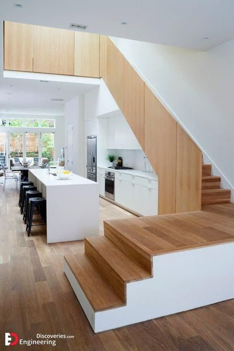 Kitchen Under Stairs, Stair Layout, Space Under Stairs, تحت الدرج, Stairs In Kitchen, Kitchen Lighting Design, Contemporary Staircase, Space Saving Kitchen, Home Stairs Design