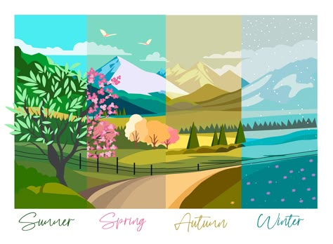 4 Seasons Mural, Four Season Illustration, Season Illustration Design, 4 Seasons Landscape, 4 Season Illustration, 4 Seasons Illustration, Seasons Changing Art, 4 Seasons Aesthetic, 4 Seasons Drawing