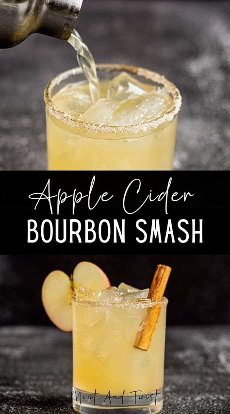 This apple cider bourbon smash is made with bourbon, fresh apple cider, lemon juice, and cinnamon-simple syrup. It’s both refreshing and warming and the perfect cocktail for the fall season. Cinnamon Cocktails, Gin Mix, Apple Juice Cocktail, Thanksgiving Apple Cider, Apple Cider Bourbon, Apple Cider Whiskey, Cinnamon Cocktail, Cider Cocktail Recipes, Fall Apple Cider