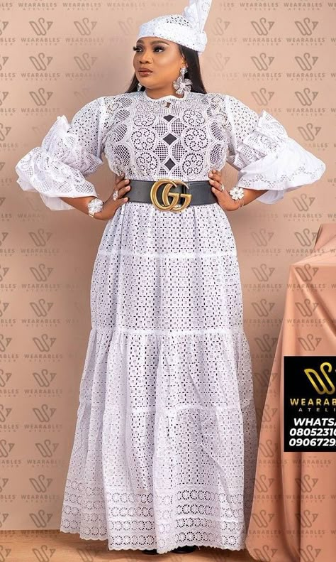 Dry Lace Styles Nigerian, A Shape Gown Lace Aso Ebi, Dry Lace Styles Nigerian Outfit, Dry Lace Gown Styles Nigerian, A Shape Gown, Lace Boubou, Shape Gown, White Lace Outfit, Chic Attitude