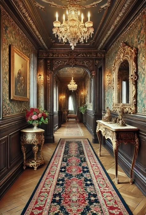 Ornate Home Decor, Intricate Wallpaper, Victorian Entrance, Dark Wood Paneling, Ornate Decor, Style Hallway, Hallway Decorating Ideas, Victorian Castle, Malfoy Manor