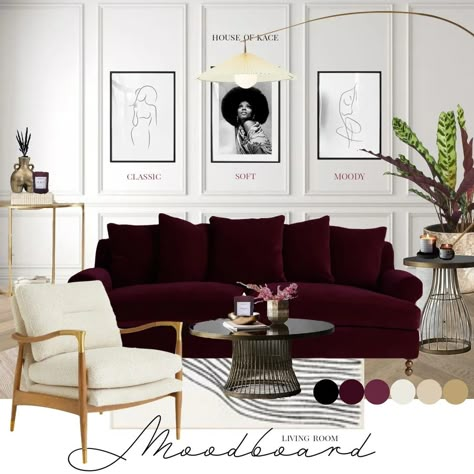 Burgundy three seater sofa. Boucle accent chair. Cream and black rug. Brass elongated arched floor lamp. Line art in black frames on white panelled wall.  Large calathea plant with burgundy leaves. House of Kace candle on brass centre table. Cranberry Sofa Living Room Ideas, Living Room With Burgundy Couch, Maroon Velvet Couch, Magenta Sofa Living Room, Burgundy Coach Living Room, Burgundy Velvet Sofa, Burgundy And Blush Living Room, Burgundy And Cream Living Room, Burgundy And Beige Living Room