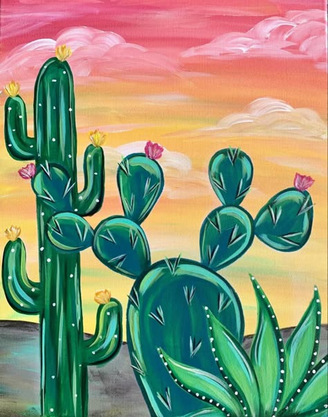 Cactus With Flowers Painting, Hand Painted Cactus, Pictures To Paint Ideas, Easy Mexican Paintings, Paint Cactus Easy, Canvas Painting Class Ideas, Painting A Cactus, Cactus Paintings Acrylic, Cactus Acrylic Painting Easy