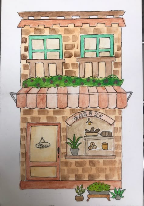 Watercolor painting #aesthetic #watercolor #art #urbansketch #watercolorbeginner #illustration #sketch #diy #easy Bakery Drawing Easy, Painting Aesthetic Watercolor, Watercolor Painting Aesthetic, Aesthetic Watercolor Art, Old Bakery, Town Drawing, Art Markers Drawing, Aesthetic Watercolor, Watercolor House Painting