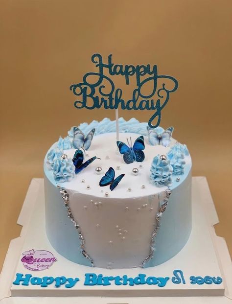 Cake Designs 14th Birthday, Light Blue Cake Birthday, Modern Buttercream Cake Design, Simple Cake Designs Birthday, Blue Butterfly Cake, Butterfly Cake Design, Barbie Themed Cake, Stylish Cake, Modern Birthday Cakes