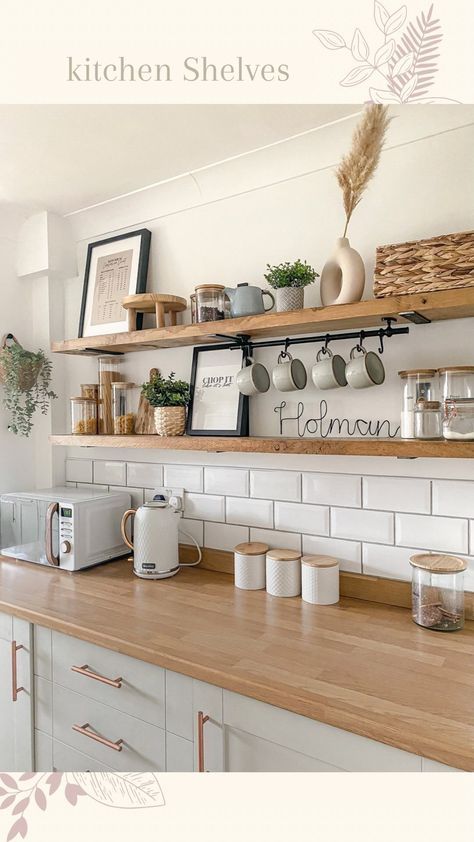 Kitchen No Cupboards Open Shelving, Small Open Kitchen Shelves, Wood Shelves For Kitchen, Kitchen Photo Shelf, Small Kitchen Wall Shelves, Hanging Mugs Under Shelf, Floating Shelves Cookbooks, Chunky Kitchen Shelf, Scandi Kitchen Shelves