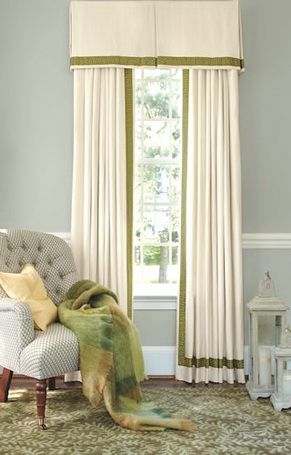 Adding ribbon to customize drapery panels Curtains With Trims, Curtains With Border Trim, Linen Curtains With Trim, Curtains With Borders, Curtain Trim Ideas, Curtain With Border, Drapes With Trim, Curtains With Border, Curtains With Trim