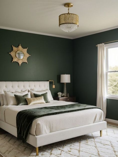 Emerald Green Bedrooms, Green And White Bedroom, Green Accent Wall, Dark Green Rooms, Green Bedroom Walls, Green Bedroom Decor, Green Accent Walls, Bedroom Wall Colors, White Bedroom Furniture