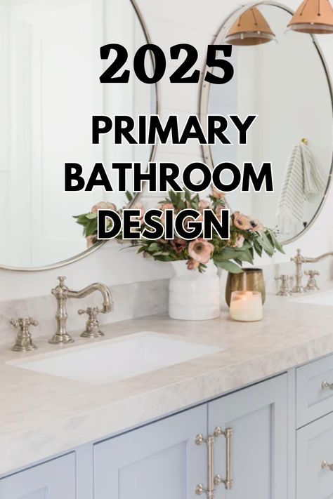 Looking to update your primary bathroom? Here's trends for all sizes and types of bathrooms from modern bathrooms to traditional ones Beautiful Main Bathrooms, Bathroom Vanity Next To Wall, Elevated Guest Bathroom, Master Bath Mid Century Modern, Master Bath With Two Vanities, .5 Bathroom Ideas, Bathroom Design Transitional, Gray Vanity Bathroom Ideas Tile, Luxurious Primary Bathroom