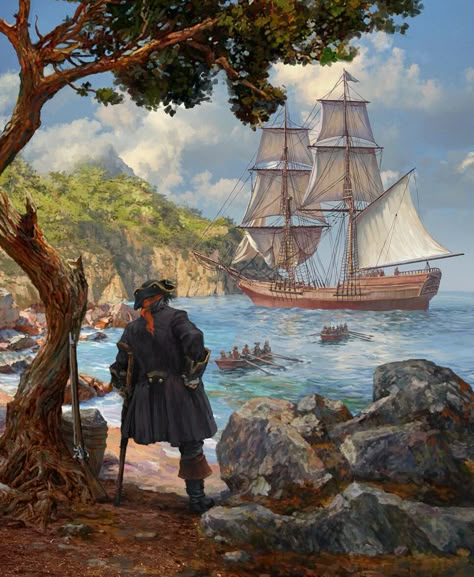 ArtStation - Treasure Island, Sergey Shikin Pirate Cove, Island Artwork, Pirate Stuff, Age Of Sail, Old Sailing Ships, Pirates Life, Pirate Ships, Pirate Art, Pirate Life