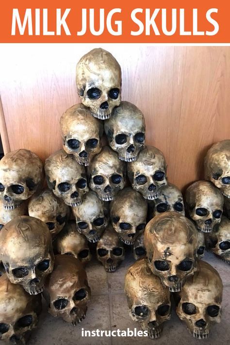 Halloween Prop Ideas Diy, Skull Cavern Tips, Halloween Milk Jugs Diy, Diy Cardboard Halloween Decorations, Milk Jug Halloween Decor, Pirate Props Diy, Milk Jug Skulls, Diy Indoor Halloween Decorations, Milk Jugs Diy