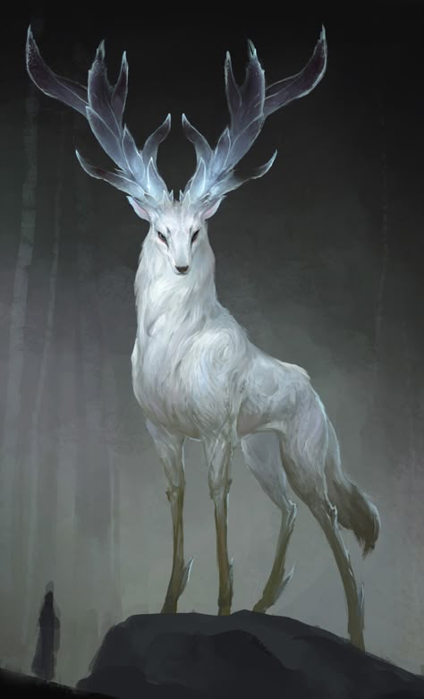 ArtStation - 2015_creature design, Qi Zhuang Albino Deer Art, White Stag Aesthetic, Magical Forest Creatures, Creature Concept Art Monsters, Deer Poses, Elemental Beings, Magical Creatures Mythology, Eclipse Book, Mythical Creatures Fantasy