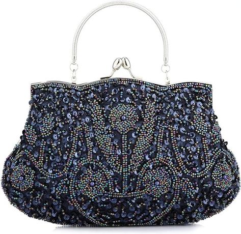 Vistatroy Floral Designer Evening Bag Beaded Sequin Design Vintage Kissing Lock Satin Clutch Purse Bag Wedding Party Clutch (Blue): Handbags: Amazon.com Flower Clutch, Evening Cocktail Party, Sequin Flower, Dress And Shoes, Large Clutch, Beaded Evening Bags, Party Clutch, Evening Handbag, Evening Purse