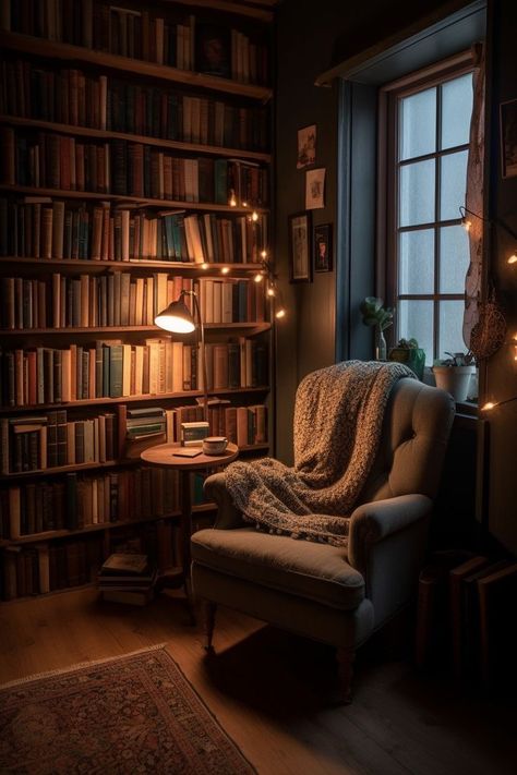 Round Chair Reading Corner, Attic Room Ideas Cozy Spaces Reading Nooks, Small Home Library Room Cozy, Cozy Reading Corners Nook, Small Home Library Cozy Reading Room Fireplace, Spooky Reading Nook, Reading Nook Room Ideas, Reading Corner Moody, Chairs In Front Of Bookshelves