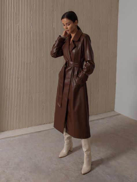 Coat Ideas For Women, Long Leather Trench Coat, Leather Coat Outfit, Coat Ideas, Long Coat Outfit, Women Leather Jacket, Parka Coat Women, Brown Leather Coat, Full Length Coat