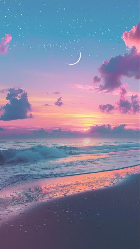 Immerse your phone in the tranquil beauty of a pastel sunset at the beach. This minimalist art style wallpaper features a colorful sky with a gentle crescent moon and twinkling stars, harmonizing with the soft lapping of beautiful waves. Crafted in high resolution to capture every serene detail, this aesthetic background is perfect for bringing a peaceful sunset vibe to your daily routine. #PastelBeach #MinimalistArt #SunsetWallpaper #AestheticBackground Peace And Tranquility Pictures, Sunset Aesthetic Pastel, Dreamy Sunset Aesthetic, Serene Wallpaper Iphone, Pastel Sunset Wallpaper, Beautiful Backgrounds For Phones, Cute Sunset Wallpaper, Pastel Colour Wallpaper, Colourful Aesthetic Wallpaper