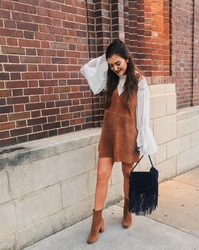 free people suede dress fall outfit, lace shirt, layered 70s style boho Mode Coachella, Stile Boho Chic, Boyfriend Christmas, Outfit 2020, 70s Inspired Fashion, Country Casual, 70s Outfits, Estilo Country, Fall Dress Outfit