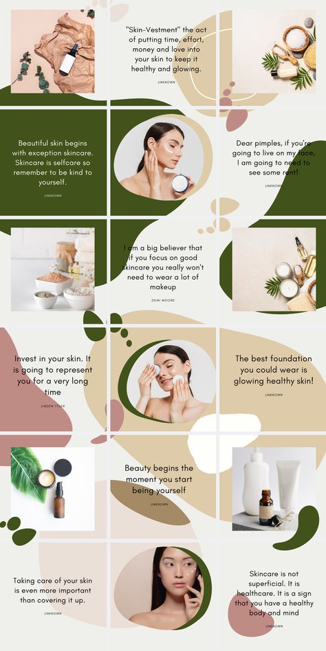 An Instagram Puzzle Template focused on Skincare, Health & Beauty. Instagram Professional Account Ideas, Product Instagram Feed, Beauty Instagram Feed, Skincare Instagram Feed, Instagram Post Layout, Professional Instagram Feed, Instagram Template Aesthetic, Canva Layout Ideas, Instagram Puzzle Feed Template