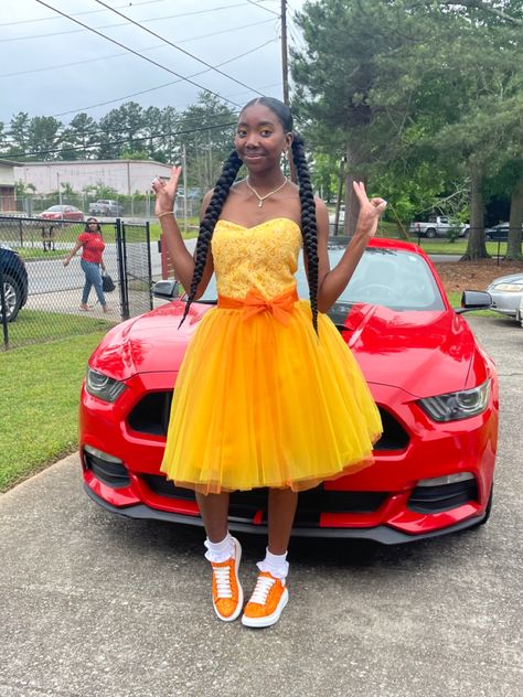 Prom Dress 8th Grade, Prom Dresses 8th Grade, 8th Grade Prom, 18th Birthday Outfit, My 18th Birthday, Orange Prom Dresses, Prom Dresses Yellow, Cargo Skirt, 8th Grade